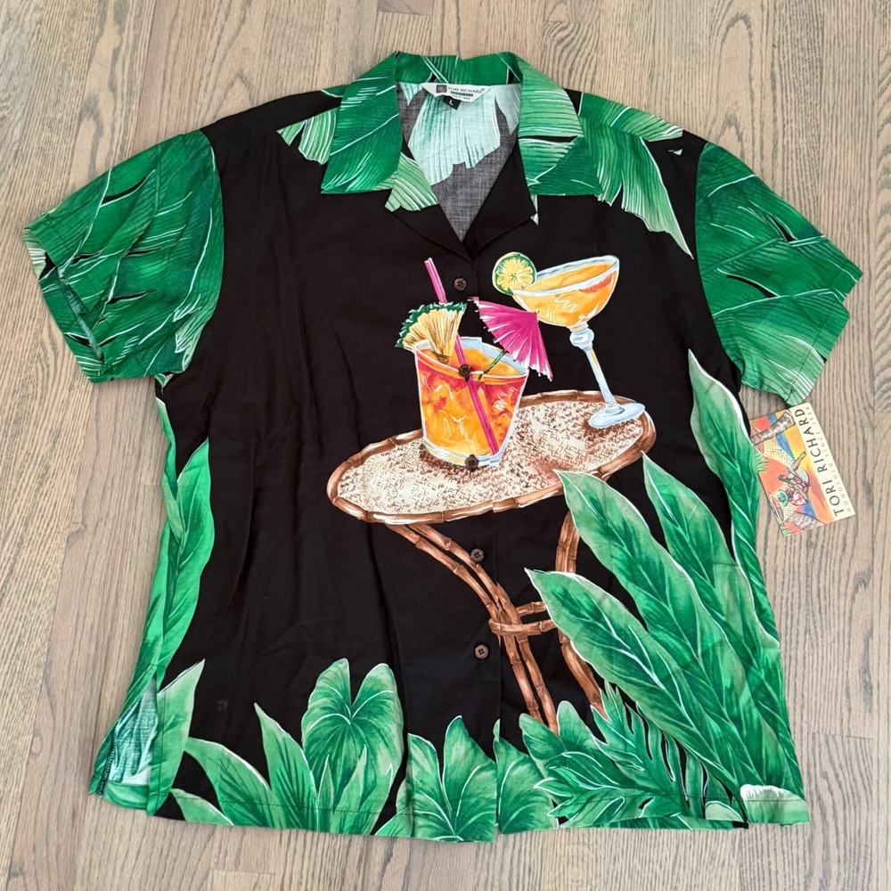 Tori Richard Honolulu Mens L Aloha Shirt Black Tropical Cocktail Rayon 4425 3037